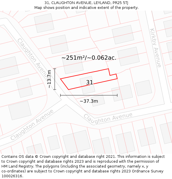 31, CLAUGHTON AVENUE, LEYLAND, PR25 5TJ: Plot and title map