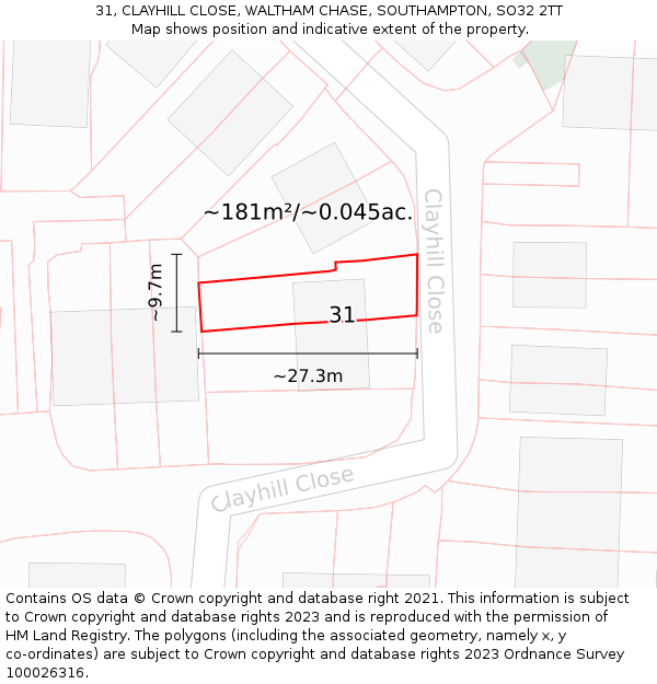 31, CLAYHILL CLOSE, WALTHAM CHASE, SOUTHAMPTON, SO32 2TT: Plot and title map
