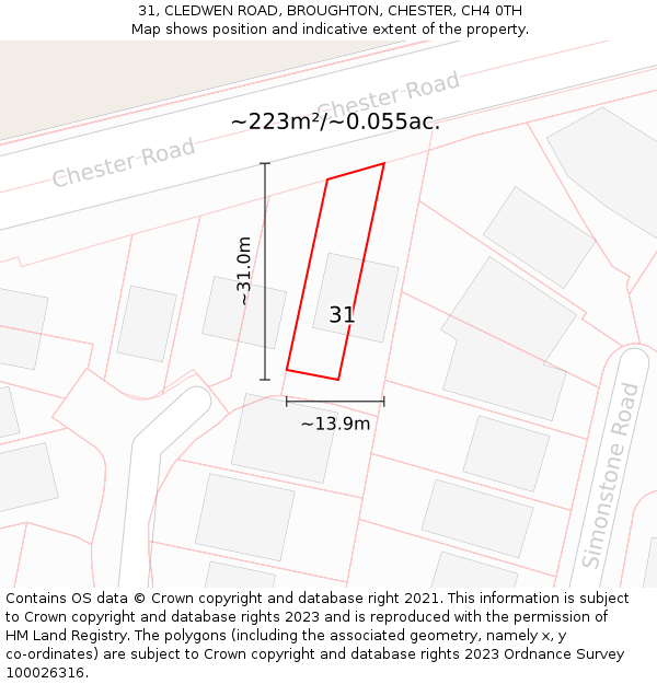 31, CLEDWEN ROAD, BROUGHTON, CHESTER, CH4 0TH: Plot and title map