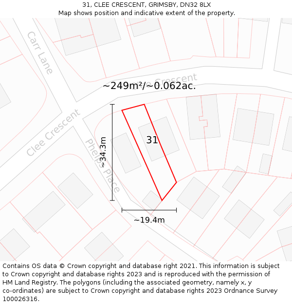 31, CLEE CRESCENT, GRIMSBY, DN32 8LX: Plot and title map