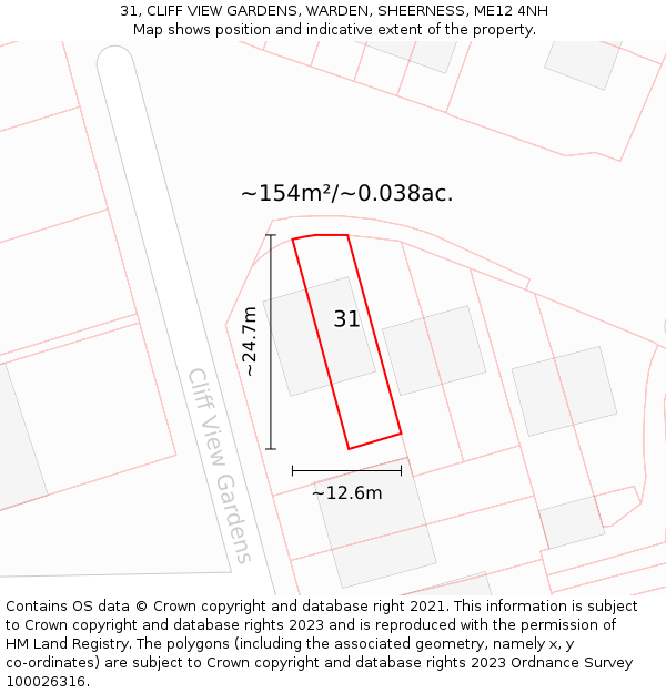 31, CLIFF VIEW GARDENS, WARDEN, SHEERNESS, ME12 4NH: Plot and title map