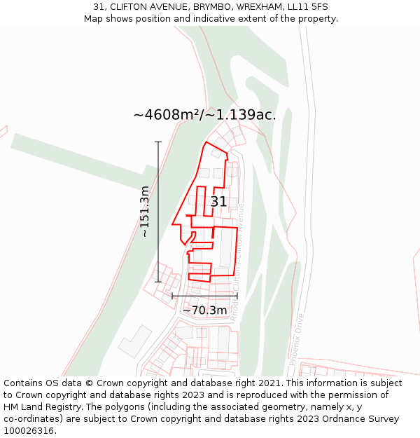 31, CLIFTON AVENUE, BRYMBO, WREXHAM, LL11 5FS: Plot and title map