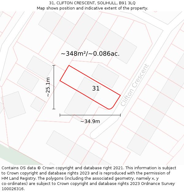 31, CLIFTON CRESCENT, SOLIHULL, B91 3LQ: Plot and title map