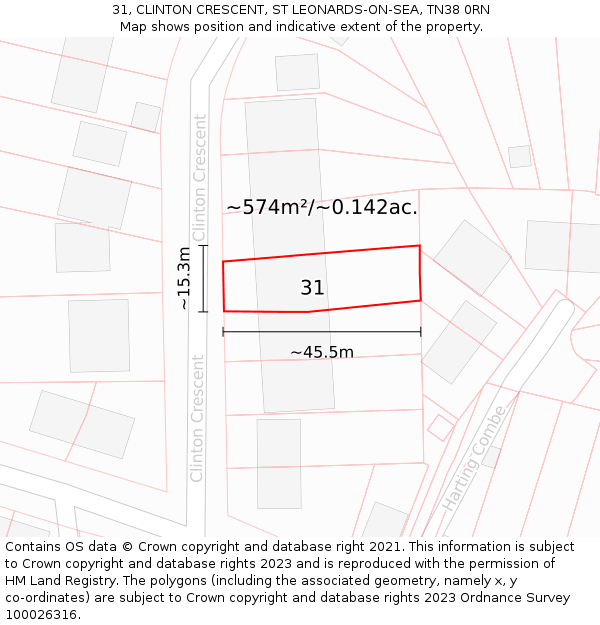 31, CLINTON CRESCENT, ST LEONARDS-ON-SEA, TN38 0RN: Plot and title map