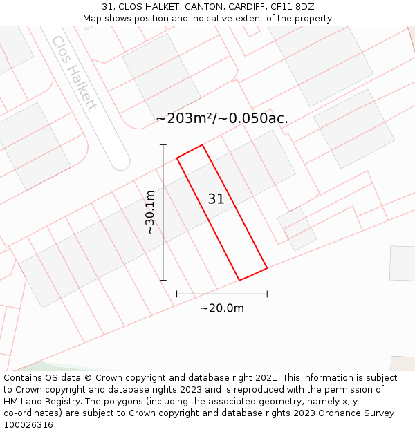 31, CLOS HALKET, CANTON, CARDIFF, CF11 8DZ: Plot and title map