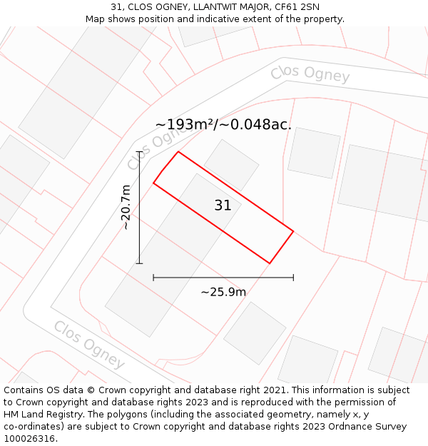 31, CLOS OGNEY, LLANTWIT MAJOR, CF61 2SN: Plot and title map