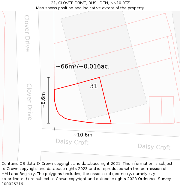 31, CLOVER DRIVE, RUSHDEN, NN10 0TZ: Plot and title map