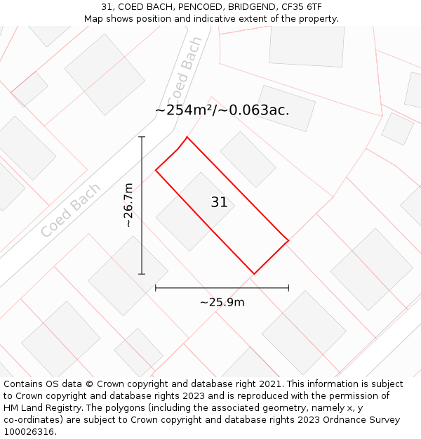 31, COED BACH, PENCOED, BRIDGEND, CF35 6TF: Plot and title map