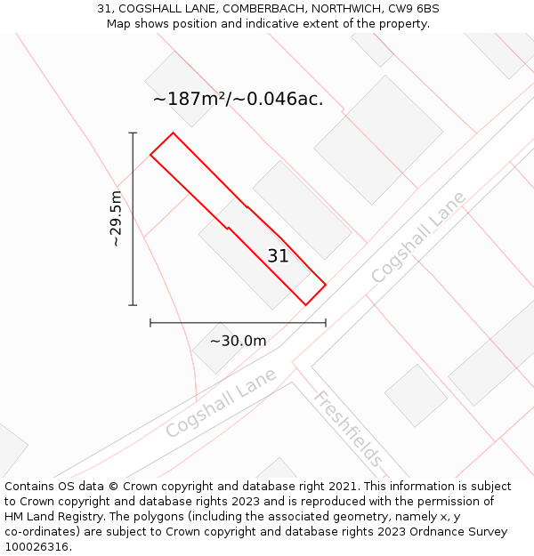 31, COGSHALL LANE, COMBERBACH, NORTHWICH, CW9 6BS: Plot and title map
