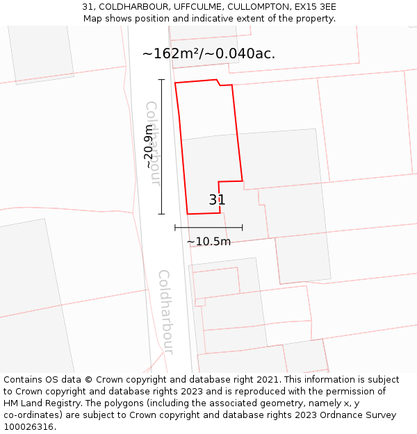 31, COLDHARBOUR, UFFCULME, CULLOMPTON, EX15 3EE: Plot and title map