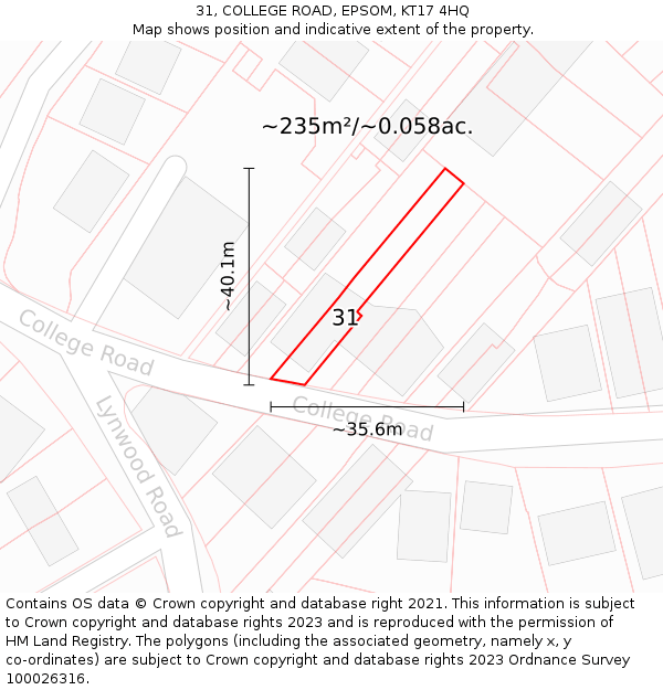 31, COLLEGE ROAD, EPSOM, KT17 4HQ: Plot and title map