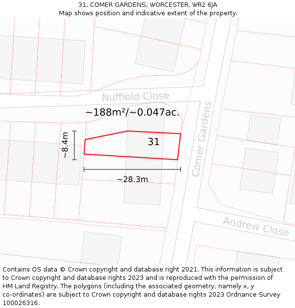 31, COMER GARDENS, WORCESTER, WR2 6JA: Plot and title map