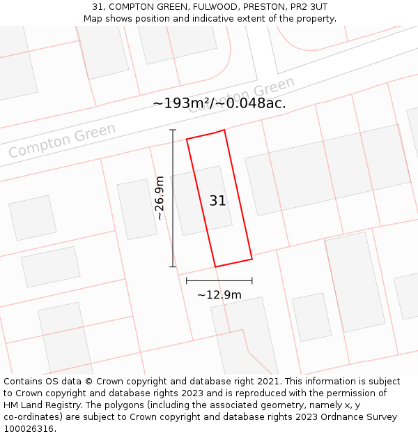 31, COMPTON GREEN, FULWOOD, PRESTON, PR2 3UT: Plot and title map