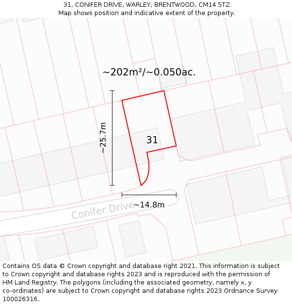 31, CONIFER DRIVE, WARLEY, BRENTWOOD, CM14 5TZ: Plot and title map