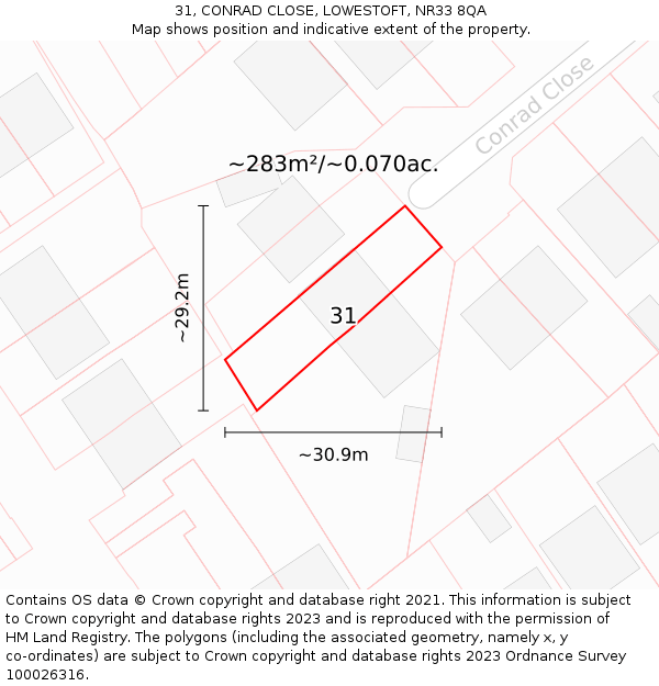 31, CONRAD CLOSE, LOWESTOFT, NR33 8QA: Plot and title map