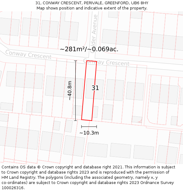 31, CONWAY CRESCENT, PERIVALE, GREENFORD, UB6 8HY: Plot and title map