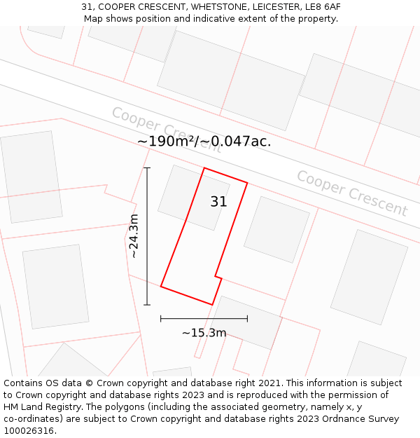 31, COOPER CRESCENT, WHETSTONE, LEICESTER, LE8 6AF: Plot and title map