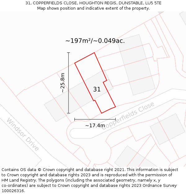31, COPPERFIELDS CLOSE, HOUGHTON REGIS, DUNSTABLE, LU5 5TE: Plot and title map