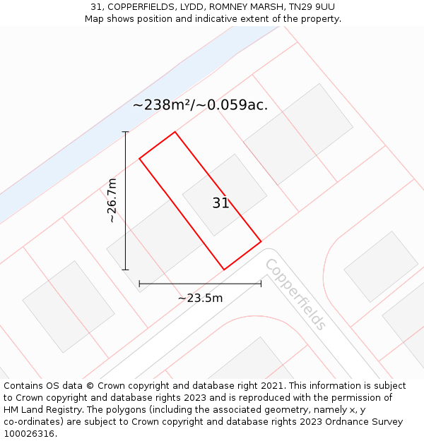 31, COPPERFIELDS, LYDD, ROMNEY MARSH, TN29 9UU: Plot and title map