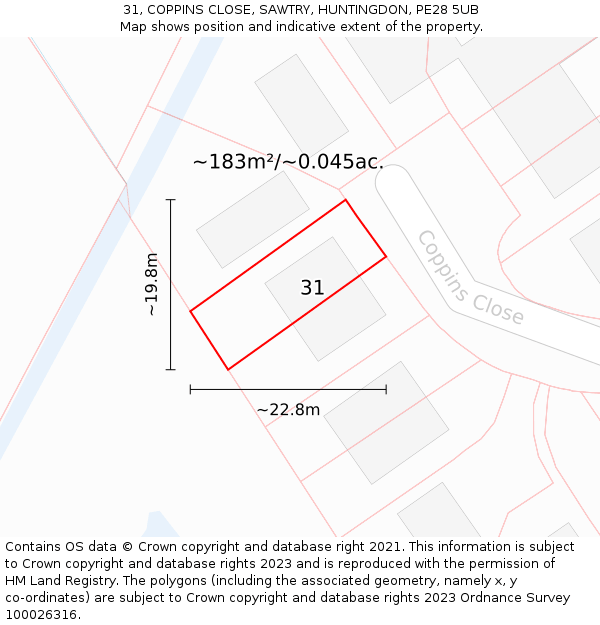 31, COPPINS CLOSE, SAWTRY, HUNTINGDON, PE28 5UB: Plot and title map