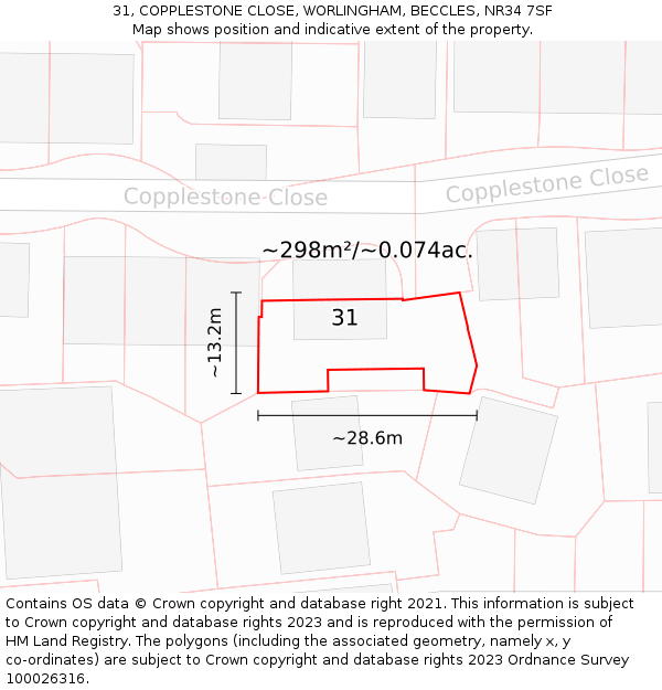 31, COPPLESTONE CLOSE, WORLINGHAM, BECCLES, NR34 7SF: Plot and title map