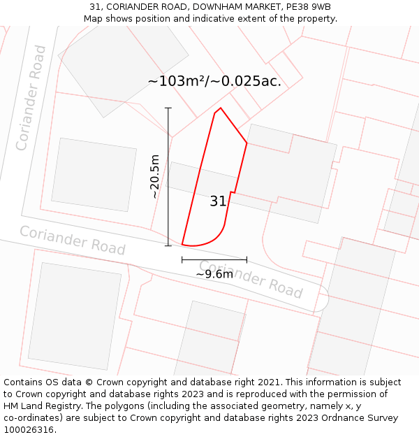 31, CORIANDER ROAD, DOWNHAM MARKET, PE38 9WB: Plot and title map