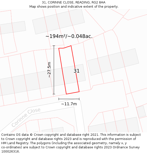 31, CORINNE CLOSE, READING, RG2 8AA: Plot and title map