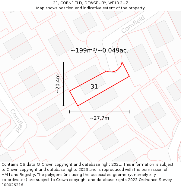 31, CORNFIELD, DEWSBURY, WF13 3UZ: Plot and title map