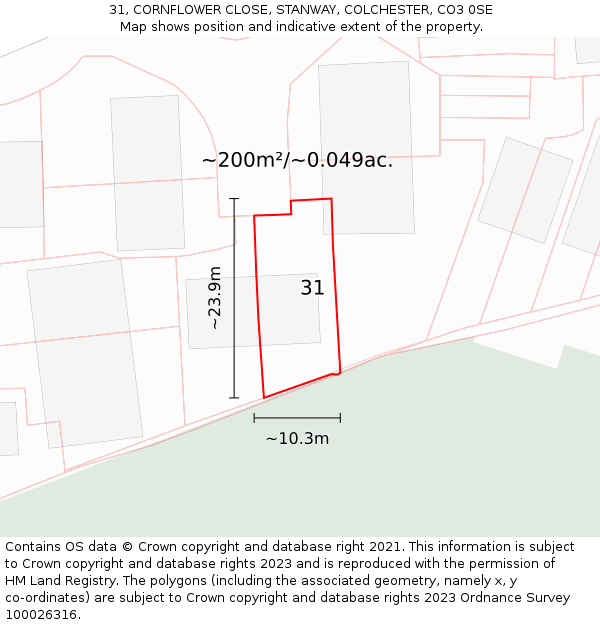 31, CORNFLOWER CLOSE, STANWAY, COLCHESTER, CO3 0SE: Plot and title map
