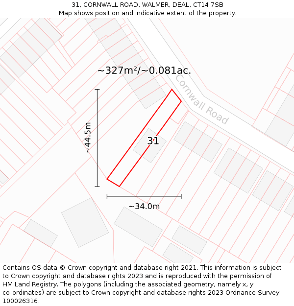 31, CORNWALL ROAD, WALMER, DEAL, CT14 7SB: Plot and title map