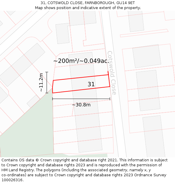 31, COTSWOLD CLOSE, FARNBOROUGH, GU14 9ET: Plot and title map