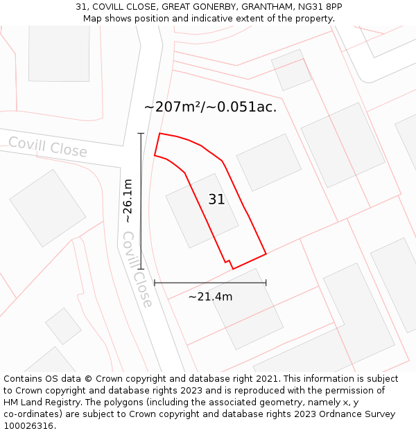 31, COVILL CLOSE, GREAT GONERBY, GRANTHAM, NG31 8PP: Plot and title map
