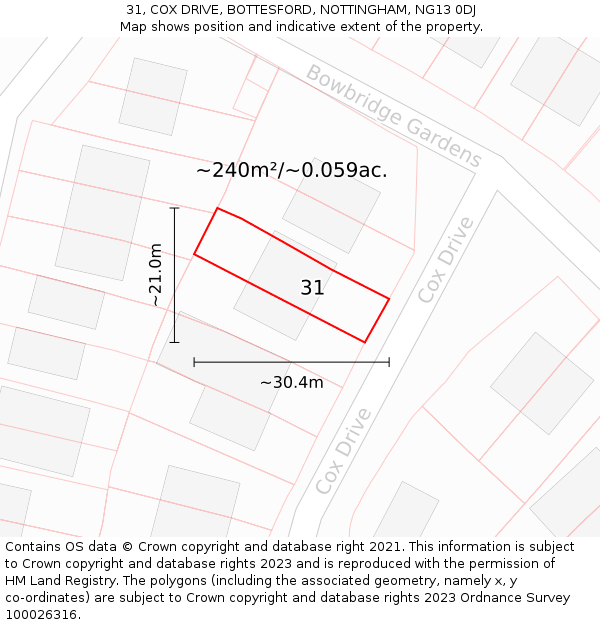 31, COX DRIVE, BOTTESFORD, NOTTINGHAM, NG13 0DJ: Plot and title map