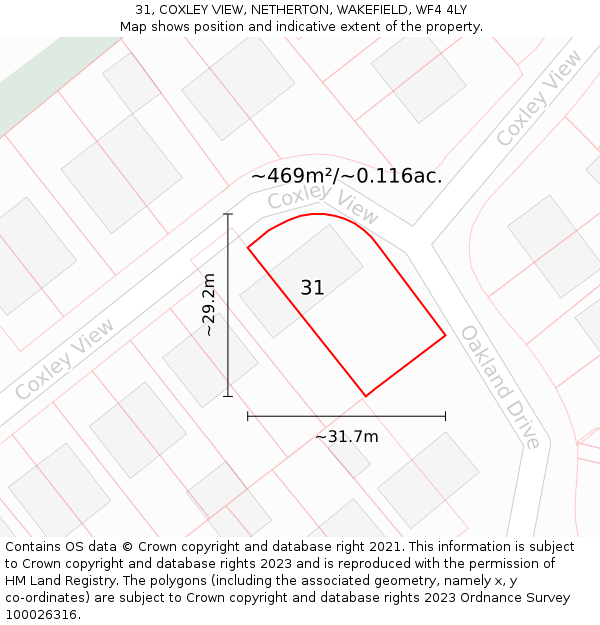 31, COXLEY VIEW, NETHERTON, WAKEFIELD, WF4 4LY: Plot and title map