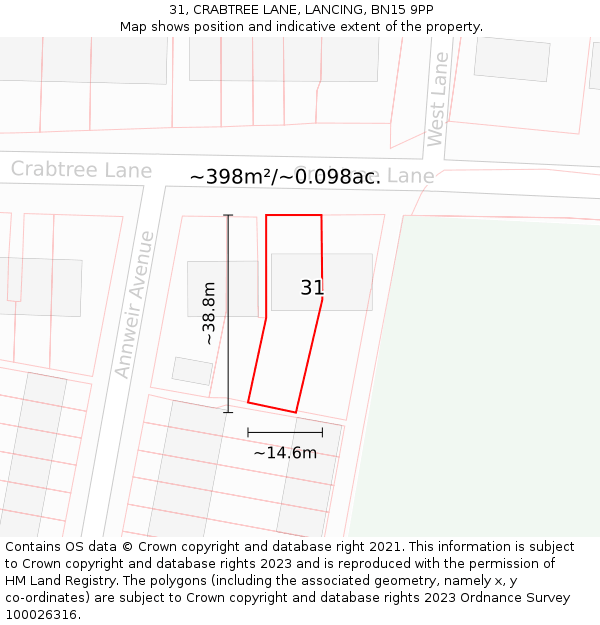 31, CRABTREE LANE, LANCING, BN15 9PP: Plot and title map