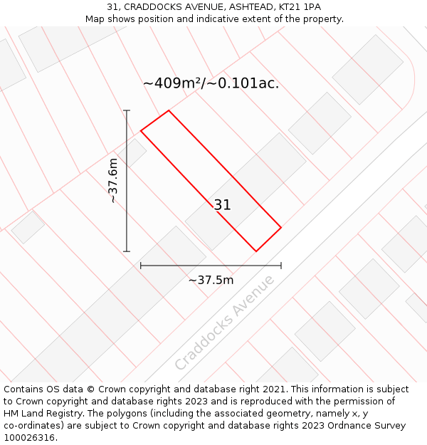 31, CRADDOCKS AVENUE, ASHTEAD, KT21 1PA: Plot and title map