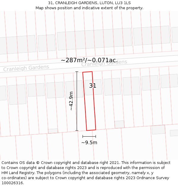 31, CRANLEIGH GARDENS, LUTON, LU3 1LS: Plot and title map
