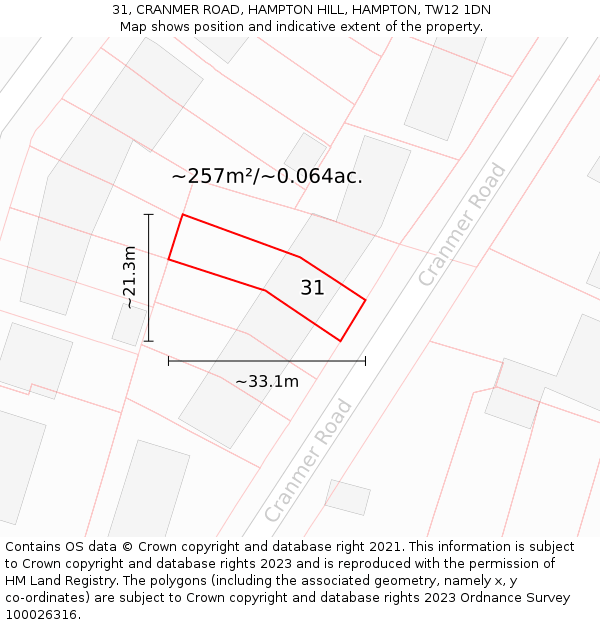 31, CRANMER ROAD, HAMPTON HILL, HAMPTON, TW12 1DN: Plot and title map