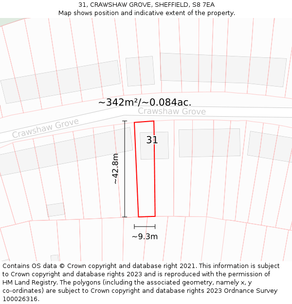 31, CRAWSHAW GROVE, SHEFFIELD, S8 7EA: Plot and title map
