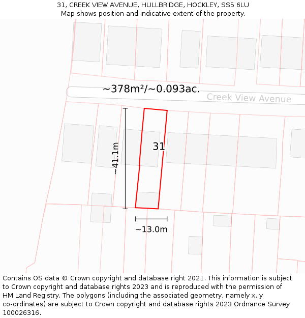 31, CREEK VIEW AVENUE, HULLBRIDGE, HOCKLEY, SS5 6LU: Plot and title map