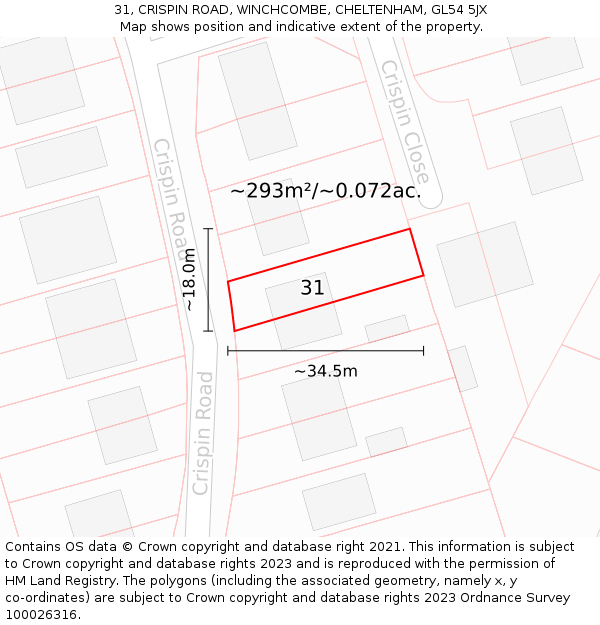 31, CRISPIN ROAD, WINCHCOMBE, CHELTENHAM, GL54 5JX: Plot and title map
