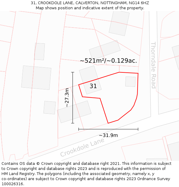 31, CROOKDOLE LANE, CALVERTON, NOTTINGHAM, NG14 6HZ: Plot and title map