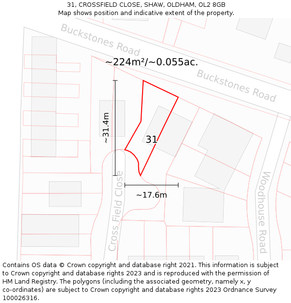 31, CROSSFIELD CLOSE, SHAW, OLDHAM, OL2 8GB: Plot and title map