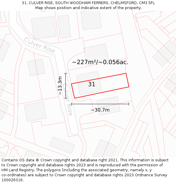 31, CULVER RISE, SOUTH WOODHAM FERRERS, CHELMSFORD, CM3 5FL: Plot and title map