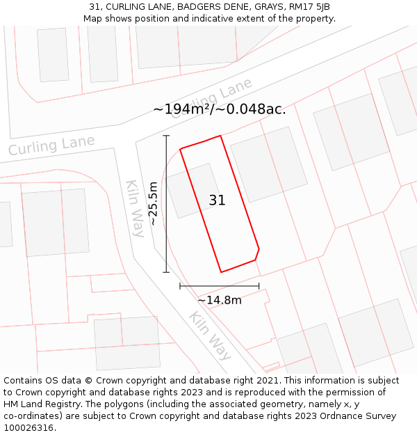 31, CURLING LANE, BADGERS DENE, GRAYS, RM17 5JB: Plot and title map