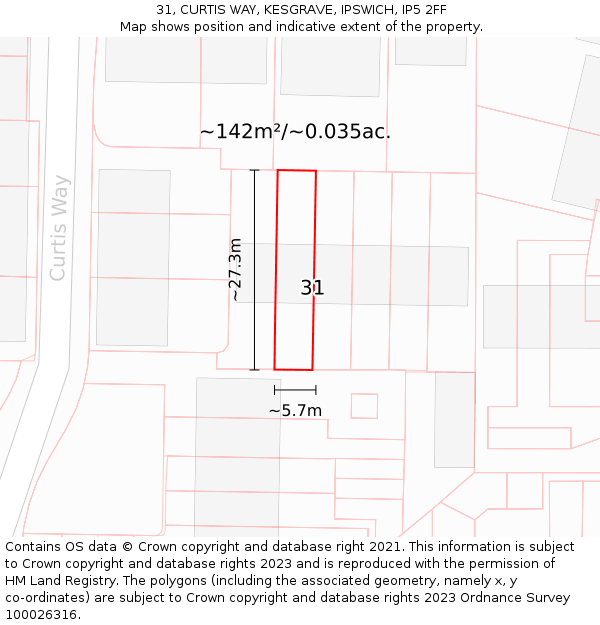 31, CURTIS WAY, KESGRAVE, IPSWICH, IP5 2FF: Plot and title map