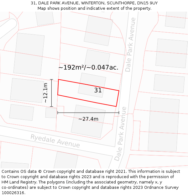 31, DALE PARK AVENUE, WINTERTON, SCUNTHORPE, DN15 9UY: Plot and title map