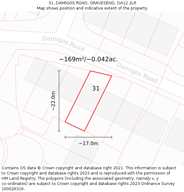 31, DAMIGOS ROAD, GRAVESEND, DA12 2LR: Plot and title map