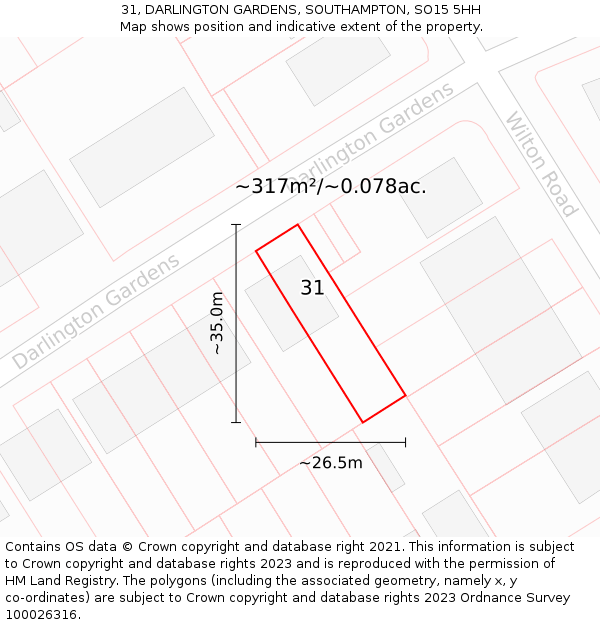 31, DARLINGTON GARDENS, SOUTHAMPTON, SO15 5HH: Plot and title map