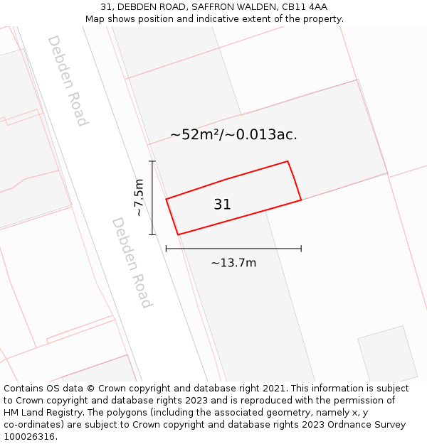 31, DEBDEN ROAD, SAFFRON WALDEN, CB11 4AA: Plot and title map